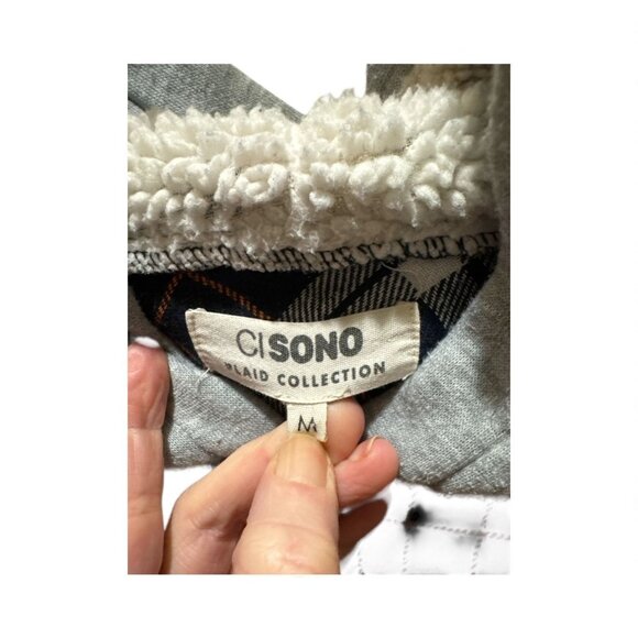 Cisono Womens Plaid Hooded Button-Up Shirt With Sherpa Lining Gray & Navy Checke - Picture 4 of 4
